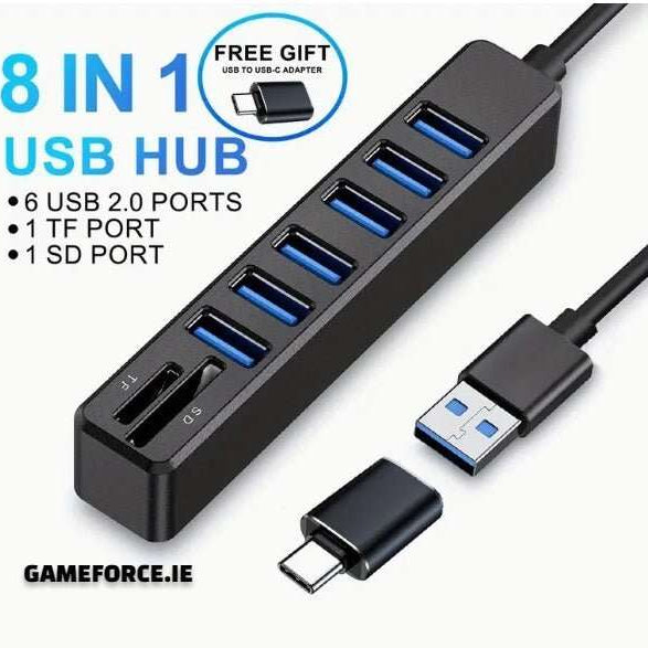 ARES 8-in-1 USB hub - clear product hero shot showing the hub body, attached 1m cable, and USB-to-Type-C adapter for context and scale.