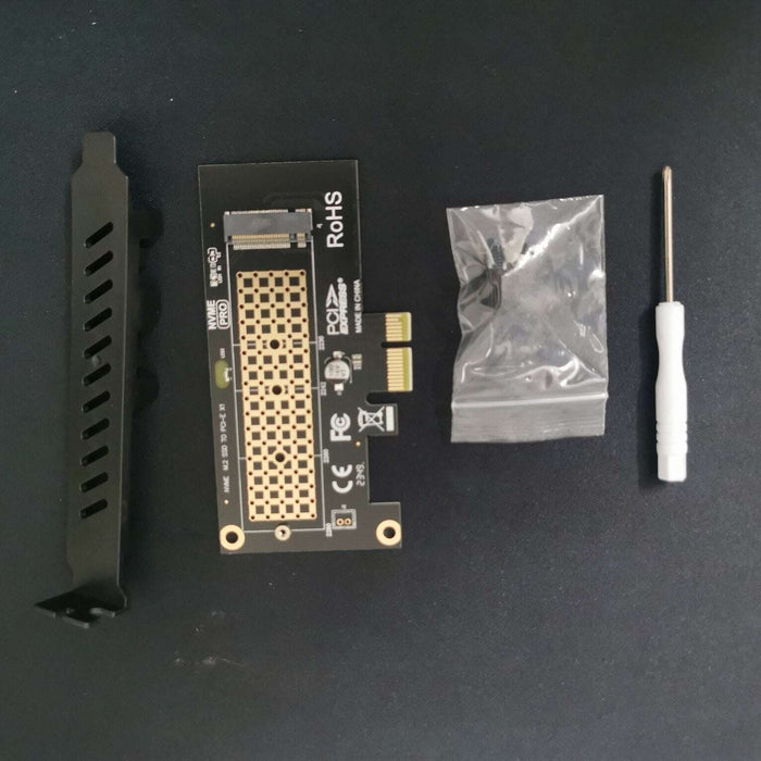 ARES M.2 NVMe to PCIe 4.0 adapter card mounted on a neutral background - landscape product shot showing full adapter and bracket