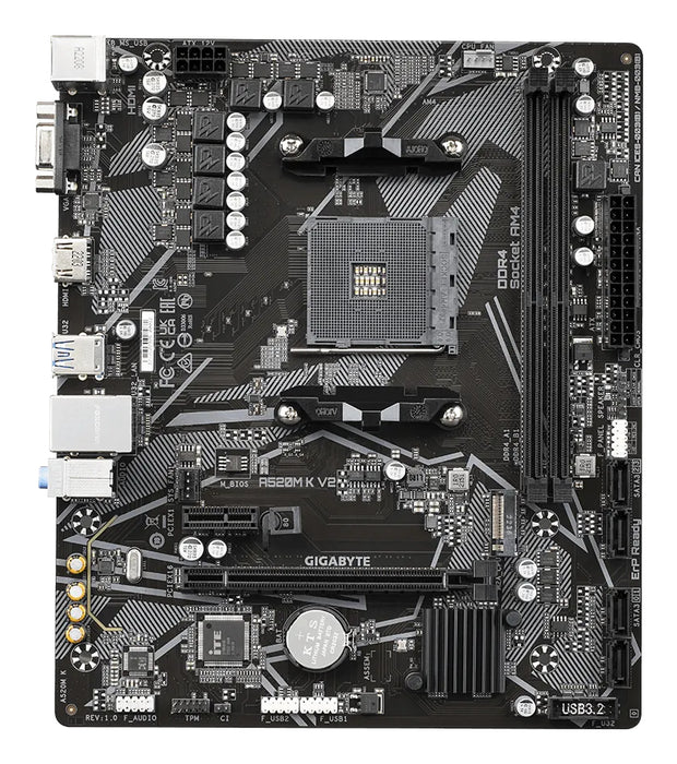 GIGABYTE A520M K V2 Motherboard - Supports AMD Ryzen 5000 Series AM4 CPUs, up to 5100MHz DDR4 (OC), PCIe Gen3 x4 M.2, GbE LAN, USB 3.2 Gen 1