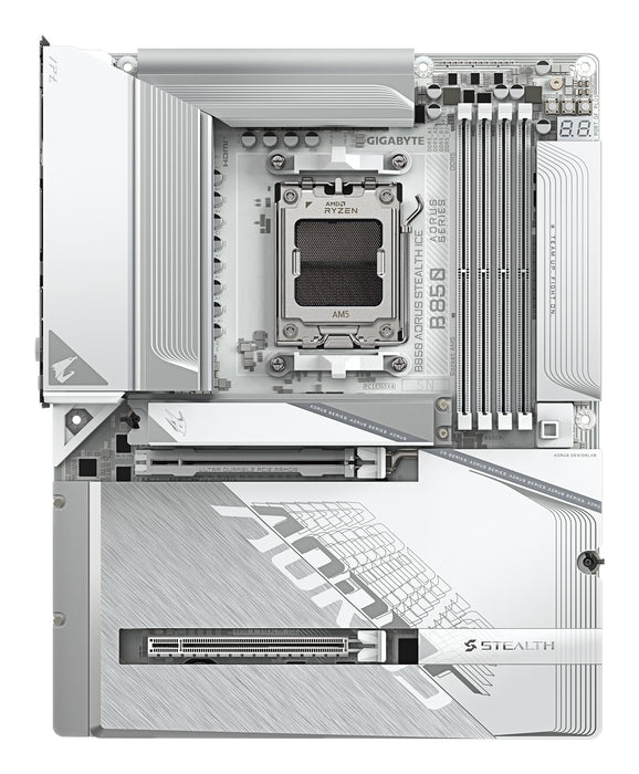 GIGABYTE B850 AORUS STEALTH ICE Motherboard - AMD Ryzen 9000 Series CPUs, 14+2+2 Phases Digital VRM, up to 8200MHz DDR5 (OC), 2xPCIe 5.0 + 2xPCIe 4.0 M.2, WIFI 7, 5 GbE LAN, USB 3.2 Gen 2