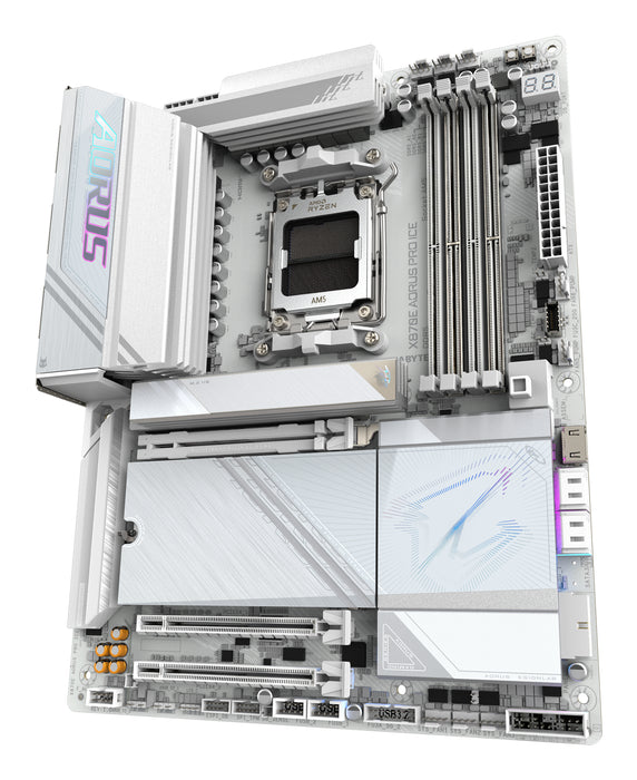 GIGABYTE X870E AORUS PRO ICE Motherboard - Supports AMD Ryzen 9000 CPUs, 16+2+2 Phases Digital VRM, up to 8000MHz DDR5 (OC), 3xPCIe 5.0 + 1xPCIe 4.0, Wi-Fi 7, 2.5GbE LAN, USB 4