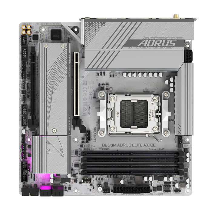 GIGABYTE B650M AORUS ELITE AX ICE Motherboard - AMD Ryzen 9000 Series CPUs, 12+2+2 Phases VRM, up to 8000MHz DDR5 (OC), 1xPCIe 5.0 + 1xPCIe 4.0 M.2, 2.5GbE LAN, WIFI 6E, USB 3.2 Gen 2x2
