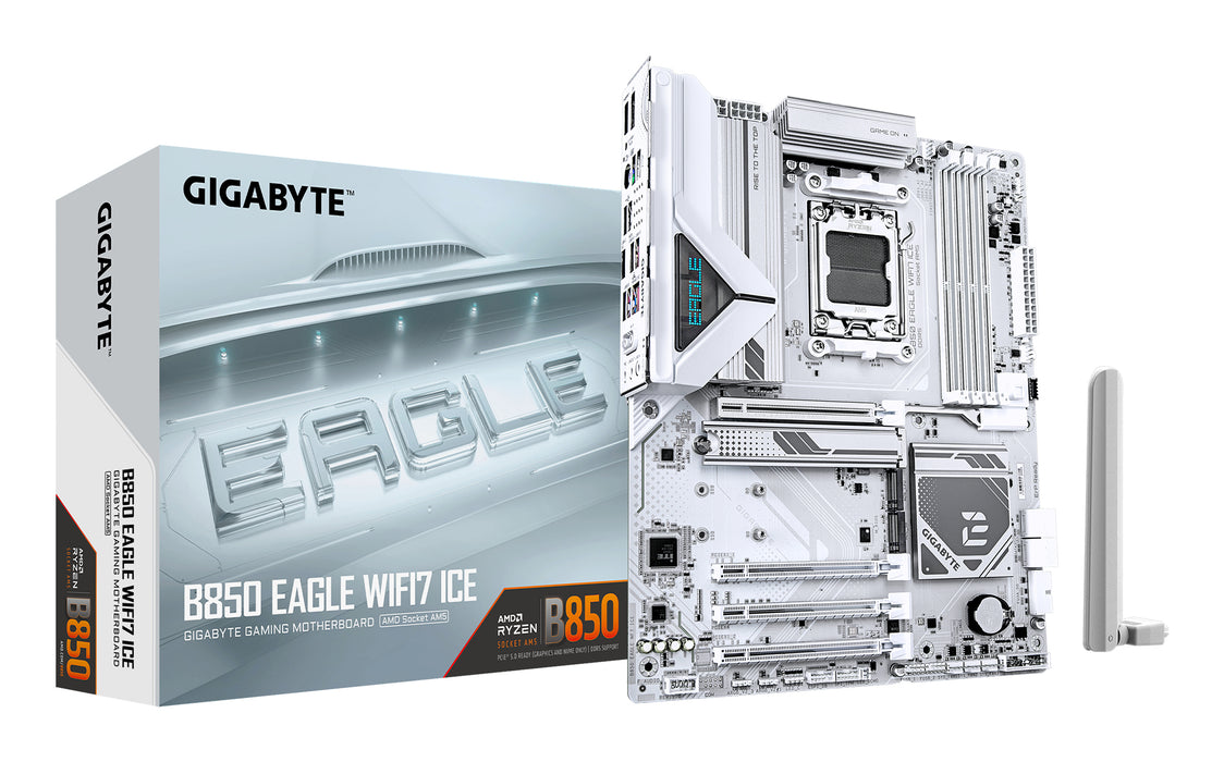 GIGABYTE B850 EAGLE WIFI7 ICE Motherboard - AMD Ryzen 9000 Series CPUs, 8+2+2 Phases Digital VRM, up to 8200MHz DDR5 (OC), 1xPCIe 5.0 + 2xPCIe 4.0 M.2, WIFI 7, 2.5 GbE LAN, USB 3.2 Gen 2