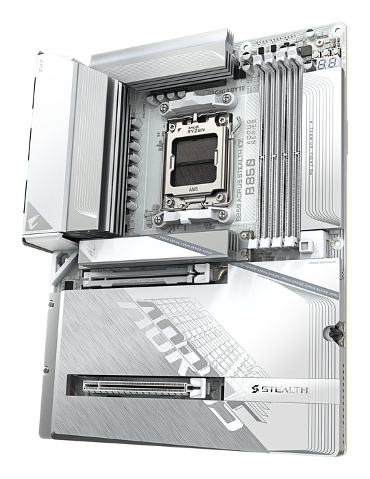 GIGABYTE B850 AORUS STEALTH ICE Motherboard - AMD Ryzen 9000 Series CPUs, 14+2+2 Phases Digital VRM, up to 8200MHz DDR5 (OC), 2xPCIe 5.0 + 2xPCIe 4.0 M.2, WIFI 7, 5 GbE LAN, USB 3.2 Gen 2