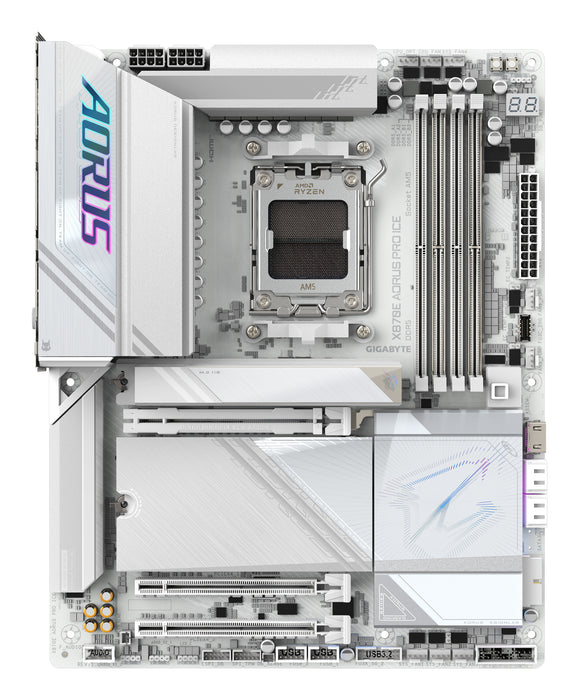 GIGABYTE X870E AORUS PRO ICE Motherboard - Supports AMD Ryzen 9000 CPUs, 16+2+2 Phases Digital VRM, up to 8000MHz DDR5 (OC), 3xPCIe 5.0 + 1xPCIe 4.0, Wi-Fi 7, 2.5GbE LAN, USB 4