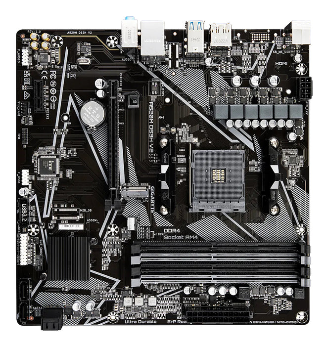 GIGABYTE A520M DS3H V2 Motherboard - Supports AMD Ryzen 5000 Series AM4 CPUs, up to 4733MHz DDR4 (OC), PCIe 3.0 x16, GbE LAN, USB 3.2 Gen 1
