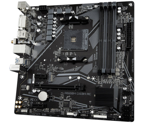 GIGABYTE A520M DS3H AC Motherboard - AMD Ryzen 5000 Series CPUs, 5+3 Phases VRM, up to 4733MHz DDR5 (OC), 1xPCIe 3.0 M.2, GbE LAN, WIFI 5, USB 3.2 Gen 1
