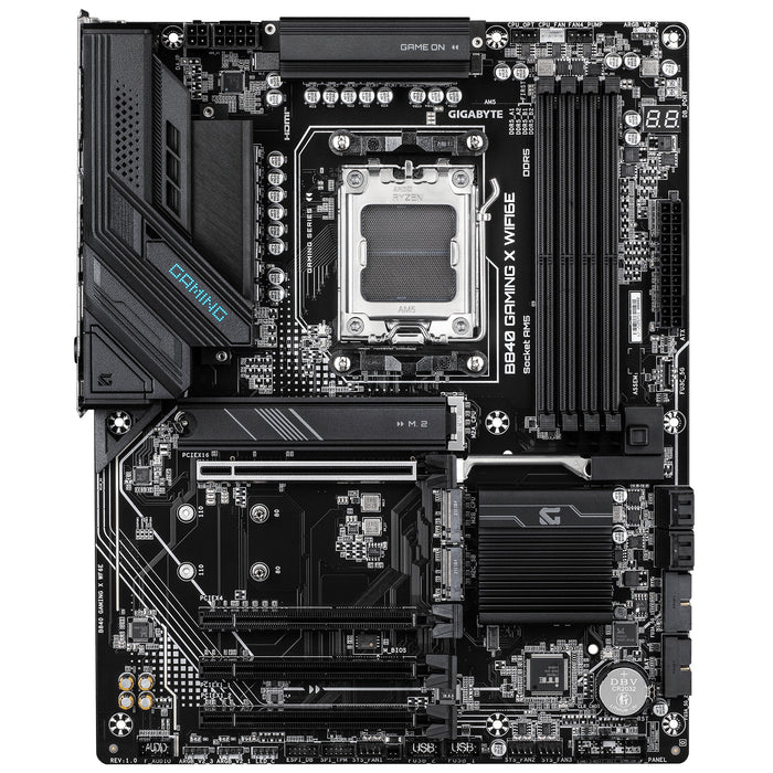 GIGABYTE B840 GAMING X WIFI6E Motherboard - AMD Ryzen 9000 CPUs, 12+2+2 Phases VRM, up to 7600MHz DDR5(O.C), 2xPCIe 4.0 + 1xPCIe 3.0 M.2, Wi-Fi 6E, 2.5GbE LAN, USB 3.2 Gen 2