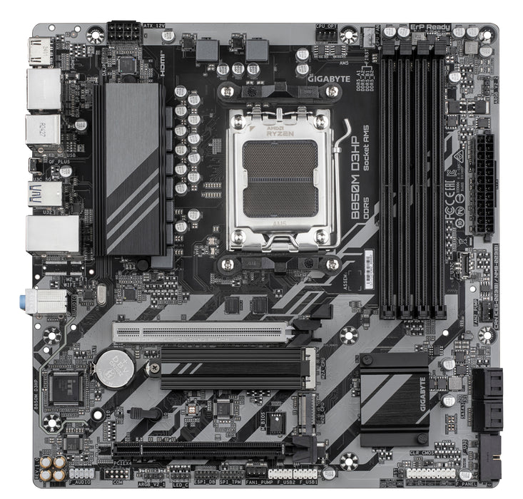 GIGABYTE B850M D3HP Motherboard - AMD Ryzen 9000 Series CPUs, 5+2+2 Phases Digital VRM, up to 8200MHz DDR5 (OC), 1xPCIe 5.0 + 1xPCIe 4.0 M.2, GbE LAN, USB 3.2 Gen 2