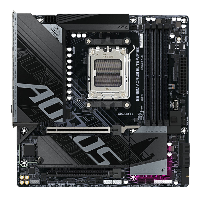 GIGABYTE B840M AORUS ELITE WIFI6E Motherboard - AMD Ryzen 9000 CPUs, 10+2+2 Phases VRM, up to 8200MHz DDR5(O.C), 2xPCIe 4.0 M.2, Wi-Fi 6E, 2.5GbE LAN, USB 3.2 Gen 2