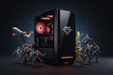 AMD THREADRIPPER MIDI TOWER PC SURROUNDED BY CHARACTERS FROM PC GAMES , FLIGHT SIMULATOR , WORLD OF WARCRAFT , BALDURS GATE , FORTNITE , LEAGUE OF LEGENDS , AMD THREAPRIPPER LOGO ON MIDI TOWER PC , DARK BACKGROUND WITH GAMEFORCE.IE LOGO IN WHITE